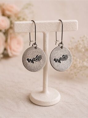 Handmade Silver Disc Earrings Floral Stamped Artisan Minimalist
